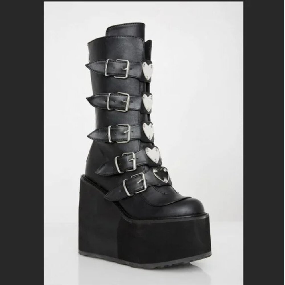 *NEW IN BOX* DEMONIA BLACK BUCKLE PLATFORM BOOTS LOVESICK TRINITY BOOTS SZ. 8